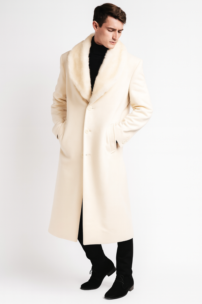 Men's ivory cream overcoat with faux fur shawl collar. Full-length, straight silhouette, button closure, and side pockets. A luxurious winter staple.
