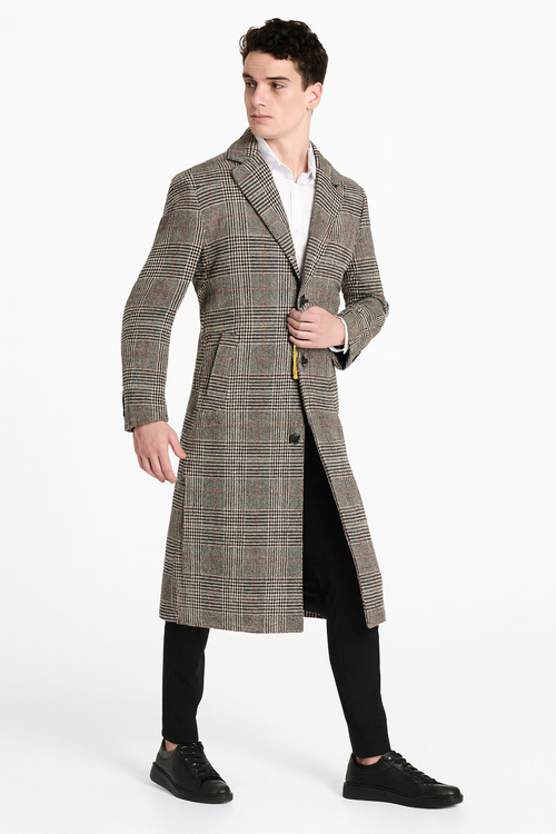 Men's long plaid overcoat in gray wool blend. Classic checkered pattern with notched lapel, two pockets, and single-button closure. Subtle orange accents.
