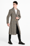 Men's long plaid overcoat in gray wool blend. Classic checkered pattern with notched lapel, two pockets, and single-button closure. Subtle orange accents.
