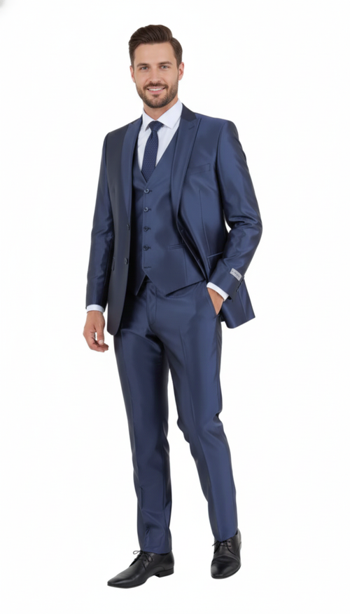Alberto Nardoni men's navy 3-piece suit. Shiny finish with fitted jacket (lapel, 3-button), matching trousers, and waistcoat. Glossy sheen fabric.