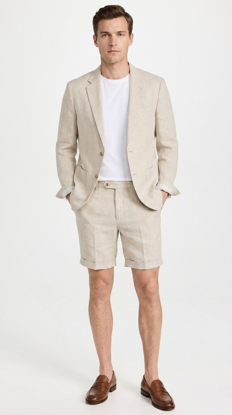 Men’s Tan Linen Suit with Shorts, 2 Piece Summer Short Suit, Casual Beach Wedding Outfit
