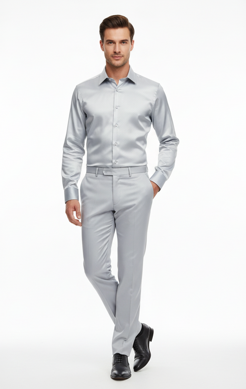 Men's silver satin set: slim-fit shirt with pointed collar & button-up front, matching pants. Sleek, tailored design. Perfect for a polished look.
