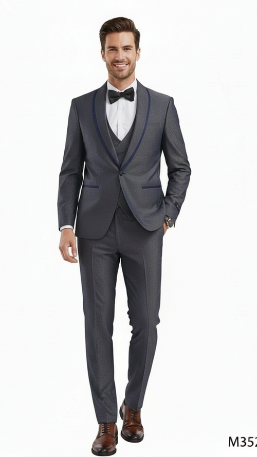 Men's charcoal gray slim fit 3-piece suit with a modern tuxedo design. Features blue trim. Includes jacket, vest, and pants in matching color and material.