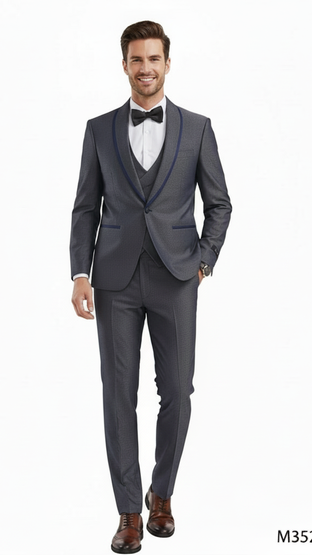 Men's charcoal gray slim fit 3-piece suit with a modern tuxedo design. Features blue trim. Includes jacket, vest, and pants in matching color and material.