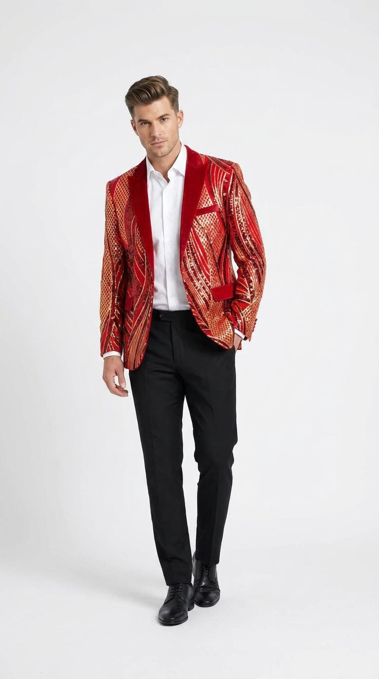 Men’s Red and Gold Sequin Christmas Holiday Blazer – Luxury Party Jacket for New Year, Wedding and Festive Events