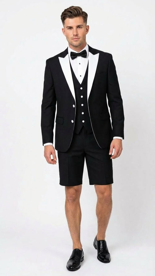 Menâ€™s Black and White Tuxedo Shorts Suit â€“ Modern Formal Tuxedo with Short Pants for Wedding, Party and Special Events