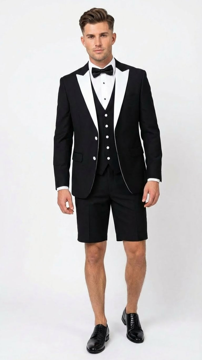 Mens Black and White Tuxedo Shorts Suit  Modern Formal Tuxedo with Short Pants for Wedding, Party and Special Events