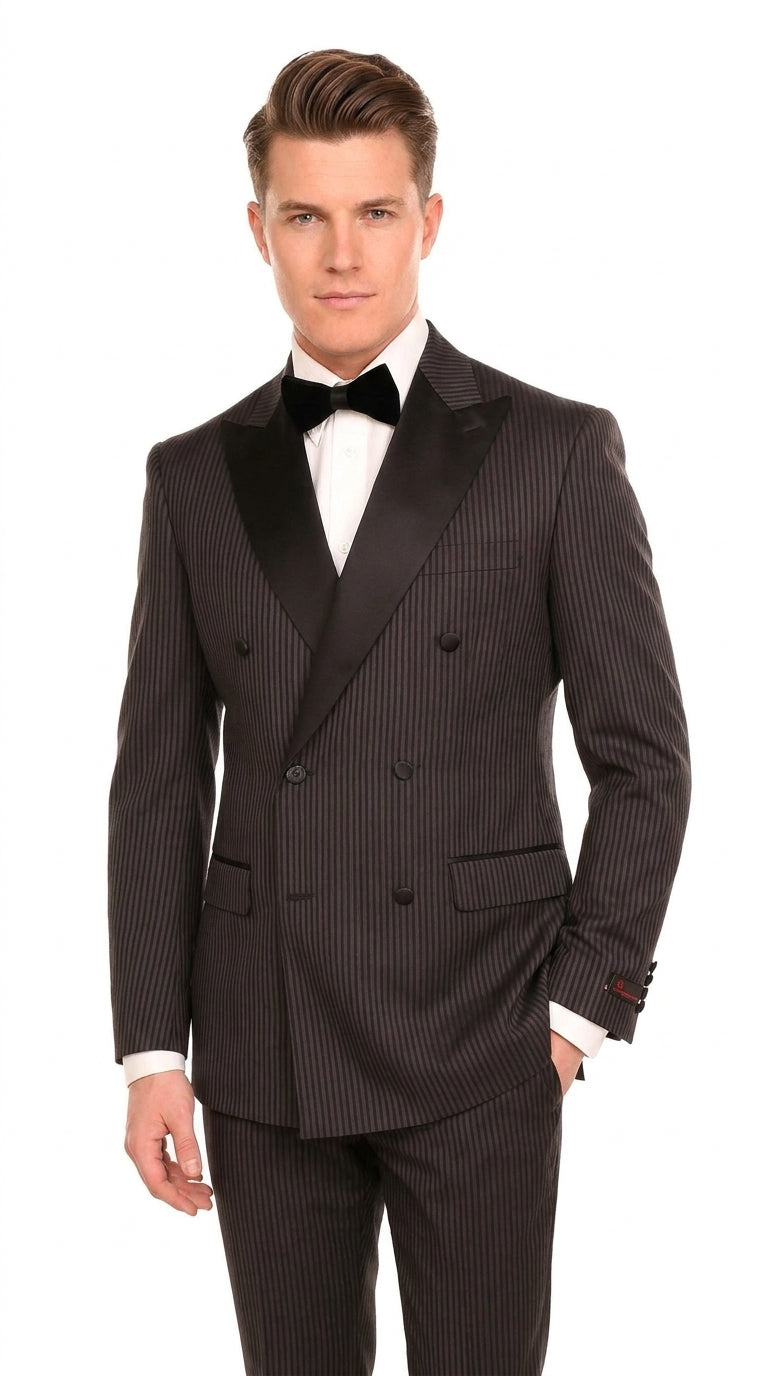 Men’s Double Breasted Suit – Classic Peak Lapel Formal Tuxedo Style Suit for Wedding in Black Ton on Tone Pinstripe