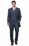 Alberto Nardoni men's denim three-piece suit: tailored jacket (long silhouette), button vest, straight trousers. Deep blue, subtle sheen. Peaked lapel, contrasting stitching. Structured, coordinated look.
