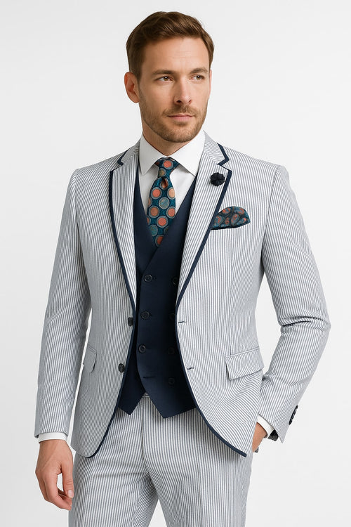 Men's White and Navy Pinstripe Suit with Contrast Trim â€“ 3-Piece Seersucker Style Set for Weddings and Summer Events