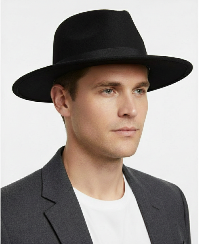 Men's black fedora hat crafted from wool felt. Features a wide, flat brim and rounded crown. Includes a matching black band for a classic, stylish look.
