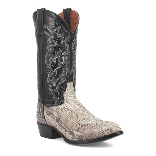 Dan Post Men's Manning boots: Black leather shaft with detailed stitching, natural snakeskin vamp. Round toe, stacked heel. Traditional cowboy boot style with distinct snakeskin scale pattern.
