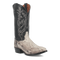 Dan Post Men's Manning boots: Black leather shaft with detailed stitching, natural snakeskin vamp. Round toe, stacked heel. Traditional cowboy boot style with distinct snakeskin scale pattern.
