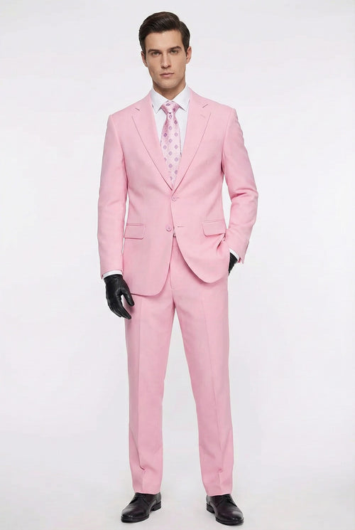 Men's classic-fit pink suit. Includes a formal jacket with notched lapel, single-button closure, and two pockets, plus straight-cut pants. Both pieces are solid pink, lightweight fabric.
