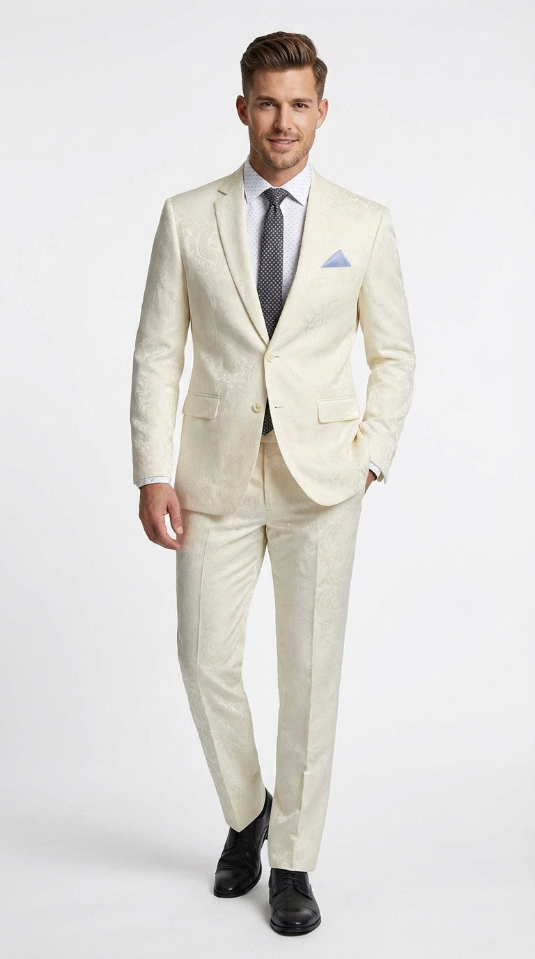 Men’s Ivory Paisley Shiny Suit – Flroal Formal Wedding and Prom Suit for Party, in Cream Off White