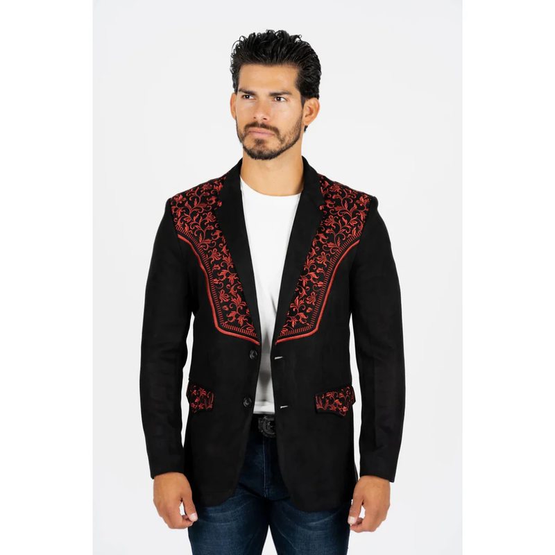 Mens Black ~ Burgundy Embroidered Suede Blazer
