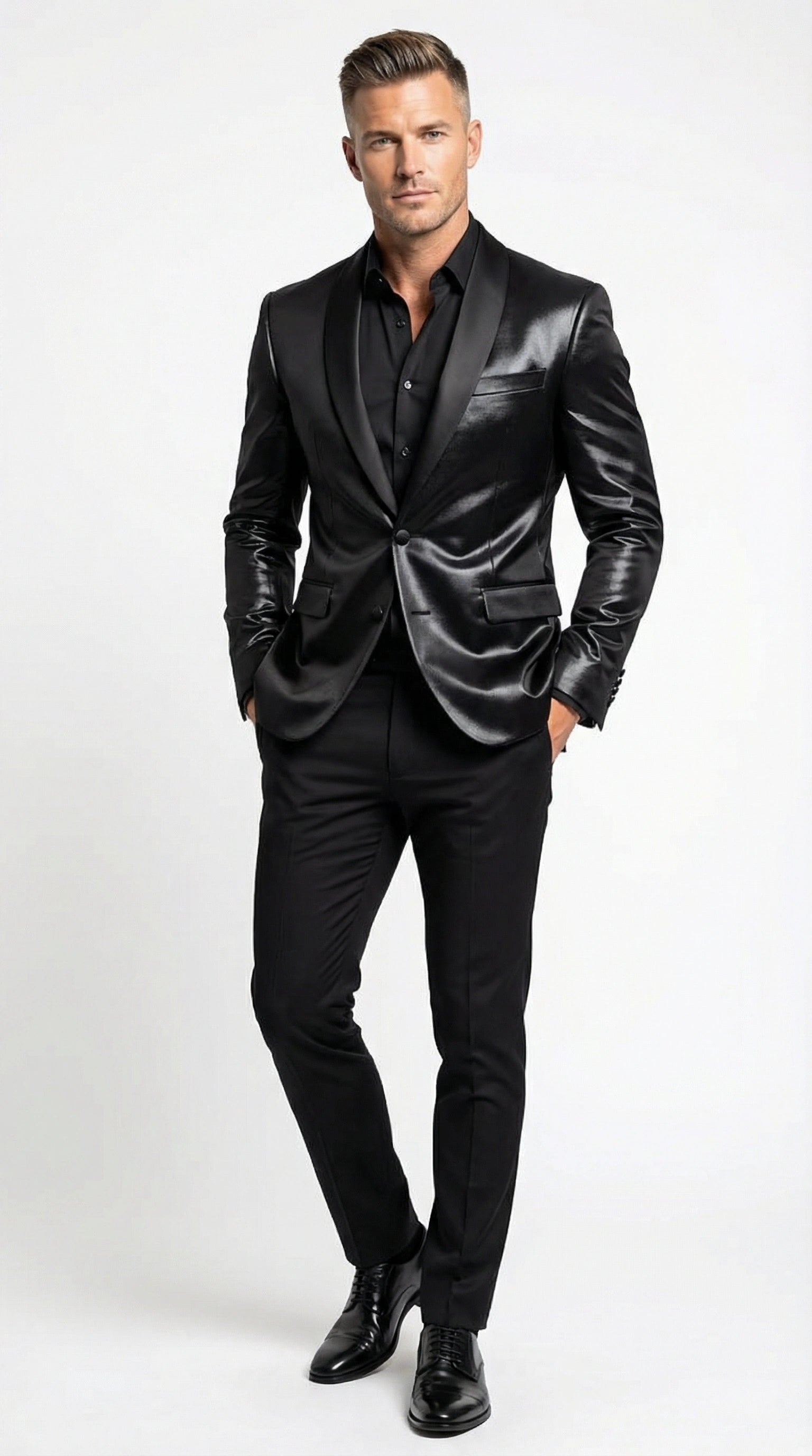 Men’s Shiny Black Tuxedo Blazer – Glossy Formal Jacket for Party Dinner