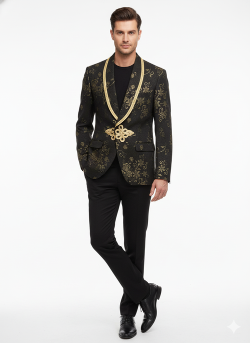 Men's black blazer with gold floral embroidery. Features gold collar/front detailing, intricate floral patterns, two pockets, and a single-button closure. Tailored fit with a smooth finish.

