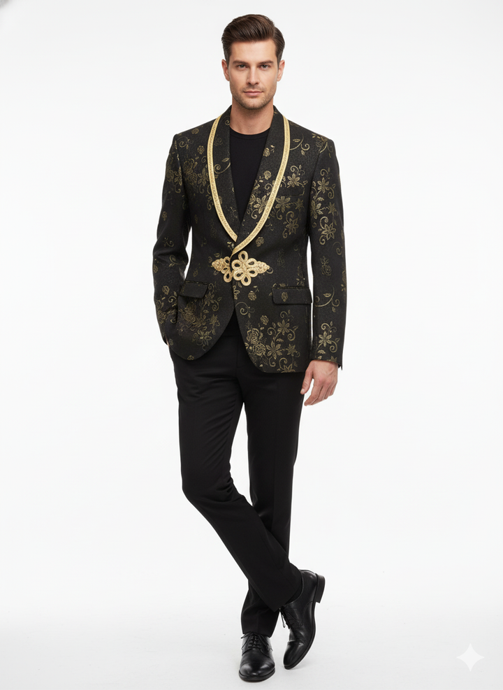 Men's black blazer with gold floral embroidery. Features gold collar/front detailing, intricate floral patterns, two pockets, and a single-button closure. Tailored fit with a smooth finish.
