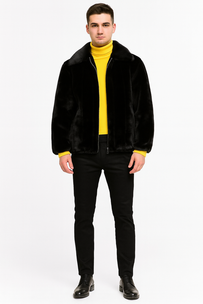 Black faux fur jacket. Zip-up front, plush finish. Collar, elasticated cuffs. Boxy shape, minimal design.
