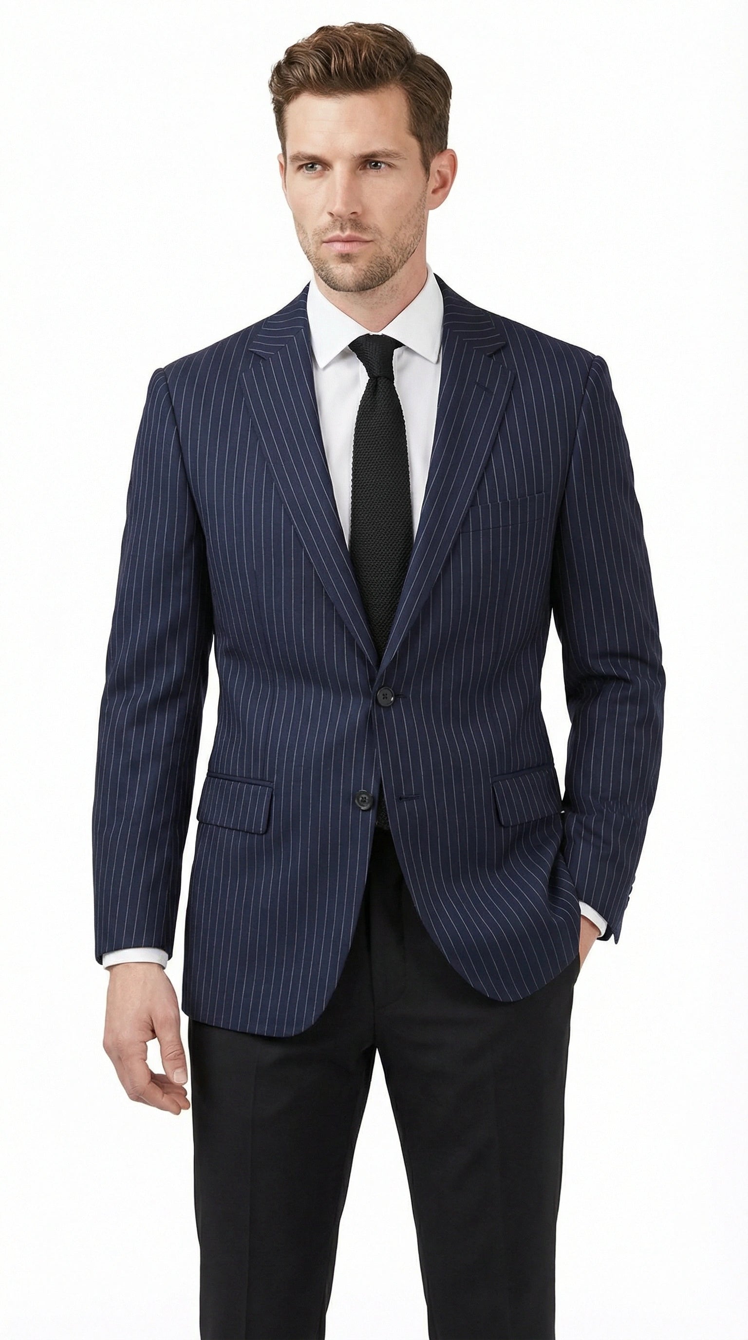 Men’s Navy Blue Pinstripe Blazer – Classic Tailored Formal Jacket for Business, Office and Professional Wear