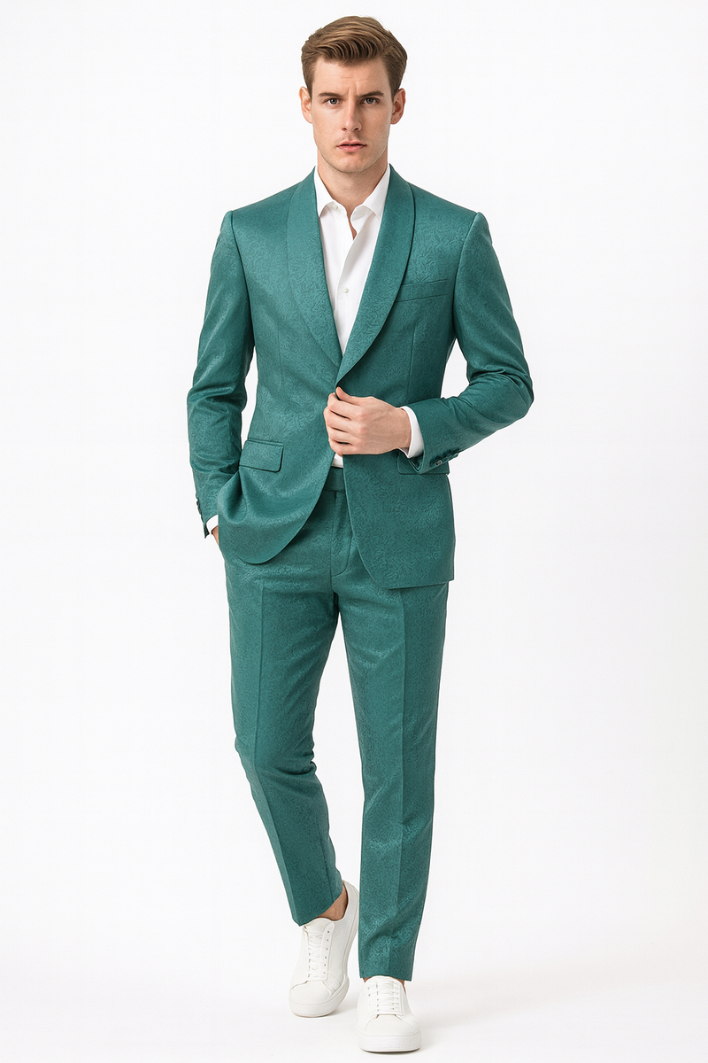 Teal green men's slim-fit floral jacquard blazer with shawl collar & pockets, paired with matching trousers. Textured surface.

