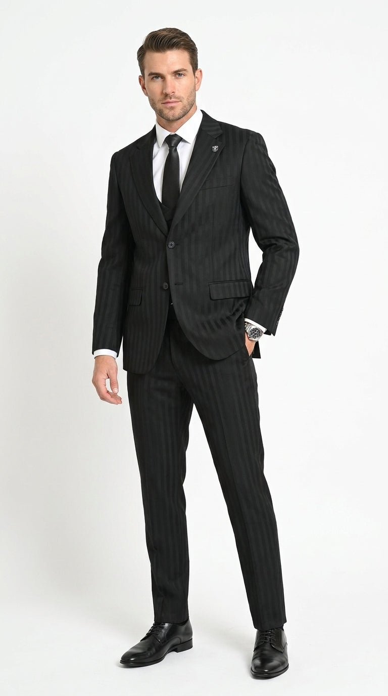 Men’s Black Tonal Shadow Pinstripe Vested Suit – 3 Piece Classic Fit Formal Wedding & Business Suit By Vitali