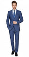 Men's cobalt blue suit with windowpane check. Two-piece, textured material. Features a structured blazer and slim-fit trousers. Classic design.
