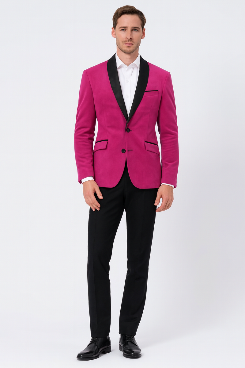 Men's fuchsia tuxedo blazer with black satin lapel, structured shoulders & slim fit, paired with black pants. Features two front pockets.
