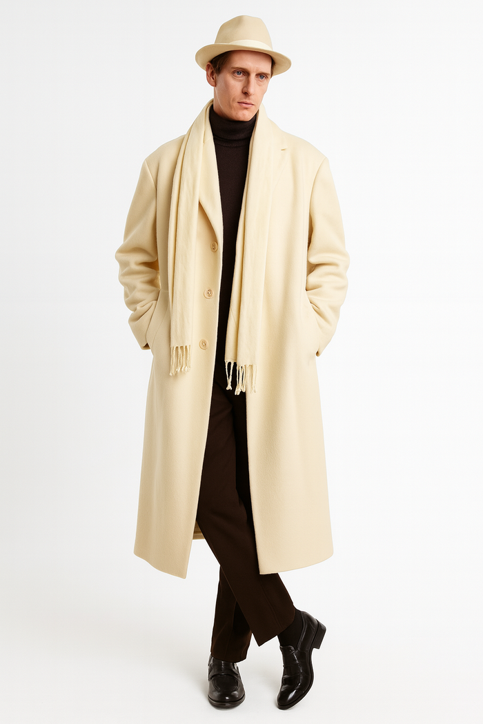 Men's ivory off-white wool overcoat. Full-length, straight shape, two buttons, and side pockets. Classic design.
