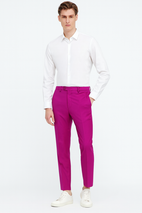 Men's slim-fit fuchsia dress pants. Solid pink color, straight cut. Button closure, belt loops.
