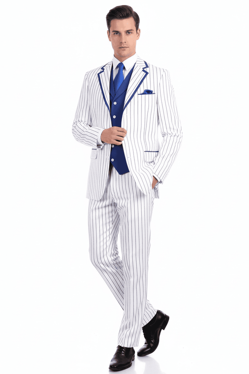 Men's three-piece suit: classic fit blazer, vest & pants. White fabric with royal blue pinstripes & trim. Pointed lapel, single breast pocket, matching trousers. Includes royal blue tie. Visually coordinated.
