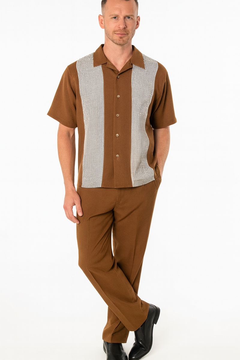 Men's two-piece outfit in cognac tan: short-sleeve button-up shirt with white checkered panels and matching pants. Soft, smooth fabric with a relaxed fit.
