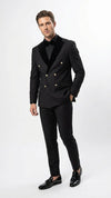 Men’s Black Double Breasted Tuxedo Suit – Luxury Formal Dinner Jacket Gold Buttons Velvet Lapel