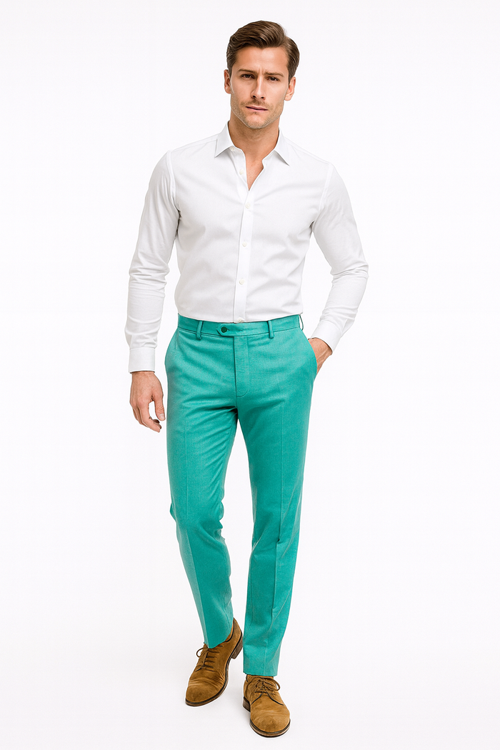 Men's slim-fit aqua dress pants with a tailored, straight-cut silhouette. Features a smooth, slightly sheen fabric and a solid turquoise color. Includes flat front, side pockets, and button/zipper closure.

