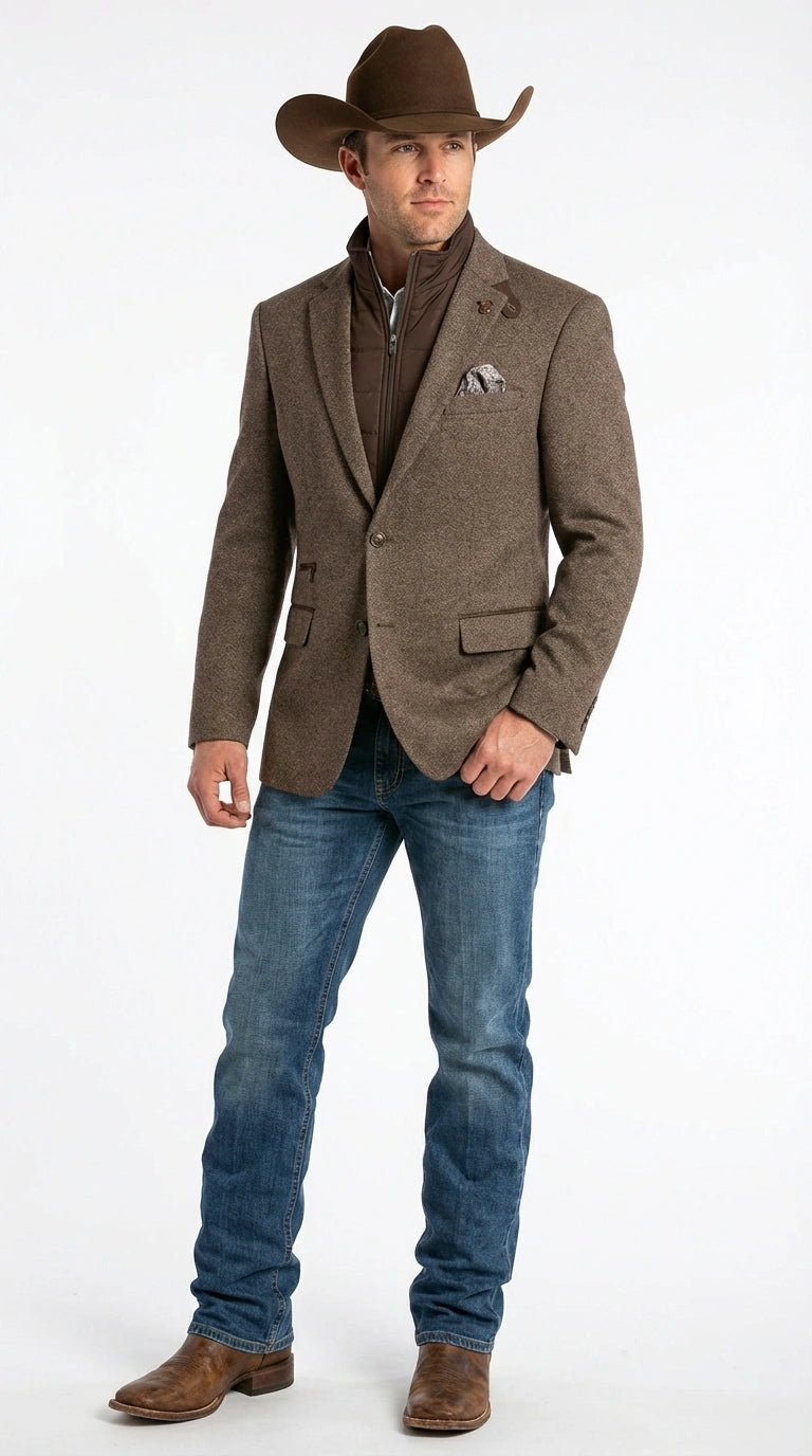 Men’s Brown Herringbone Tweed Cowboy Western Blazer – Classic Country Sport Coat Jacket for Ranch Wear,  Cowboy Jacket