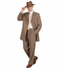 1920s tan zoot suit: Long, loose jacket, wide lapels, high-waisted pleated trousers. Includes a matching tan fedora and brown wingtip shoes with perforations.