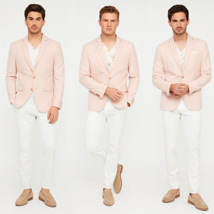 Men's blush pink slim-fit blazer with a two-button closure and notch lapel. Smooth, solid-colored material. Ideal for a polished look.

