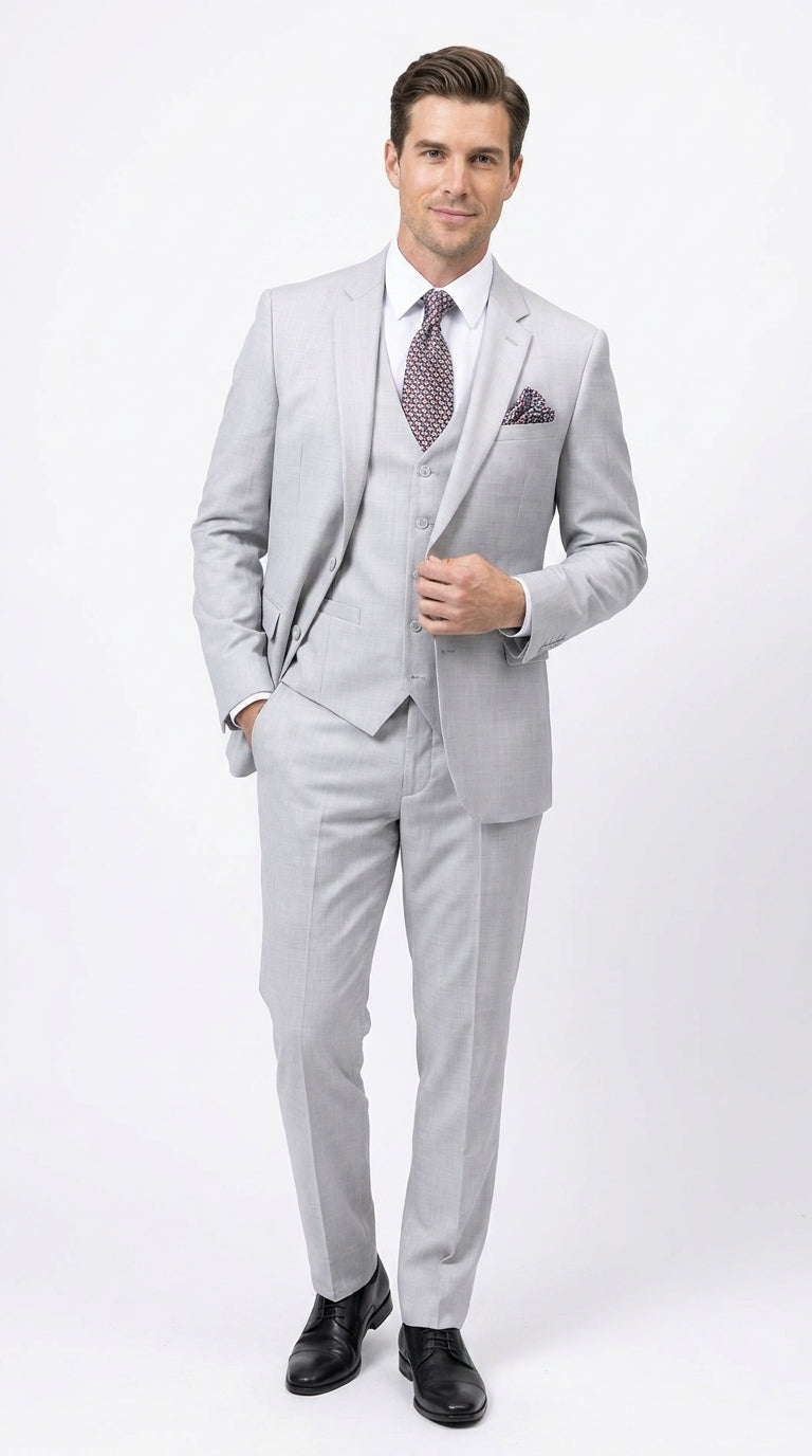 Men’s Light Grey Sharkskin 3 Piece Business Suit – Slim Fit Two Button Vested Wedding & Silver Suit