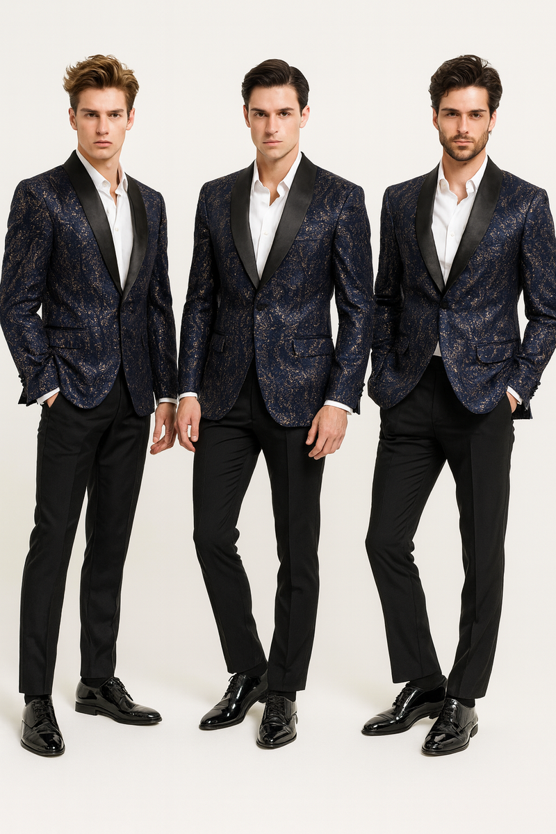 Navy sequin tuxedo jacket with black satin shawl lapel. Structured fit, tapered waist. Single-button closure, two front pockets. Reflective sequin pattern and contrasting lapels.
