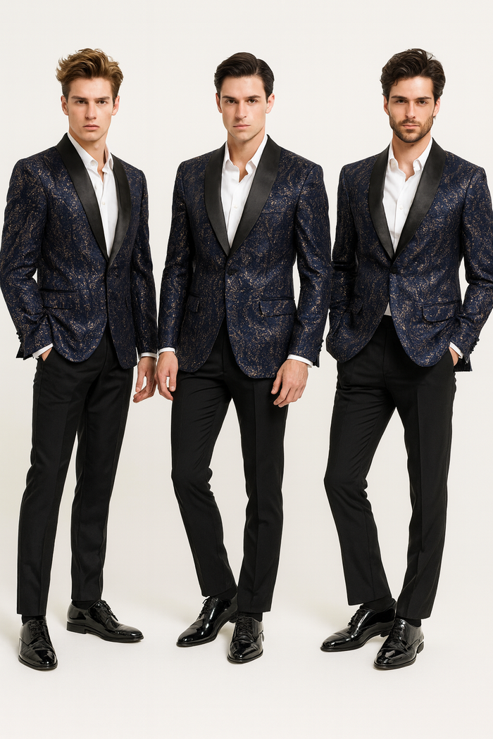 Navy sequin tuxedo jacket with black satin shawl lapel. Structured fit, tapered waist. Single-button closure, two front pockets. Reflective sequin pattern and contrasting lapels.
