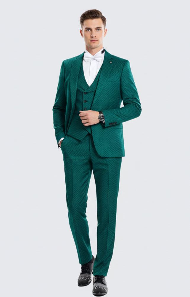 Men’s Emerald Green Textured 3-Piece Suit – Polk Dot Pattern Formal Wedding, Prom, and Evening Wear Outfit