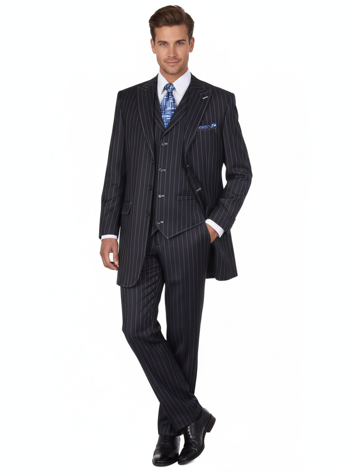 Men's navy pinstripe suit: three-button jacket, vest, trousers. Tailored fit, fine vertical stripes, structured lapels. Classic, sophisticated style.
