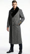 Men's Grey Herringbone Tweed Long Overcoat with Black Faux Fur Collar, Classic Winter Topcoat