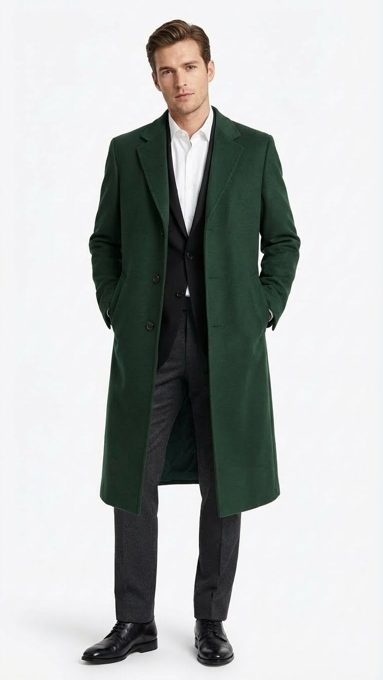 Men's hunter green wool overcoat. Full-length, structured silhouette with notched lapels. Single-breasted design featuring three front buttons.
