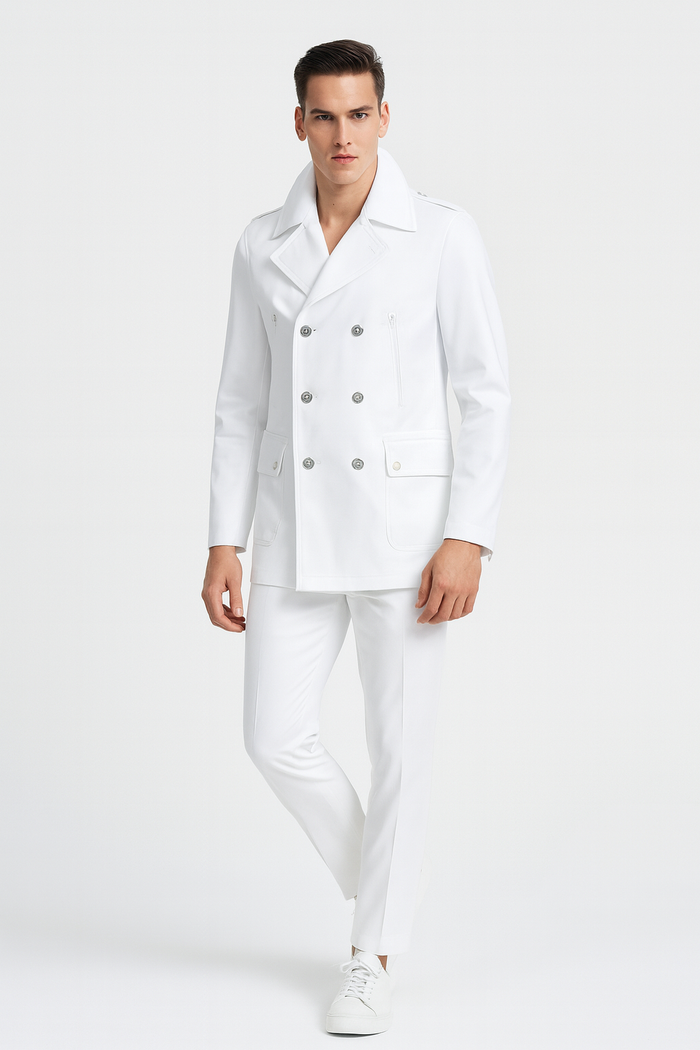 Men's white wool double-breasted peacoat with slim fit. Features wide lapel, silver buttons, two front pockets, and a zip pocket. Tailored silhouette, classic style.
