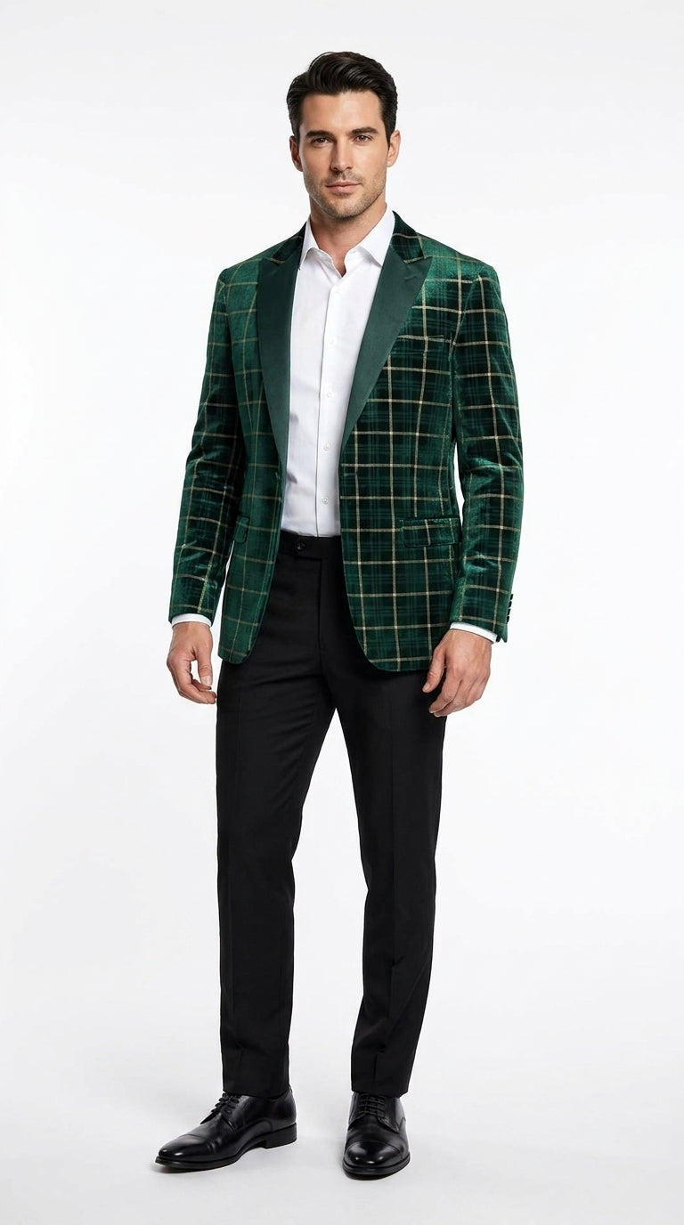 Men’s Green and Gold Plaid Christmas Holiday Blazer – Classic Check Party Jacket for New Year, Wedding and Festive New Year event