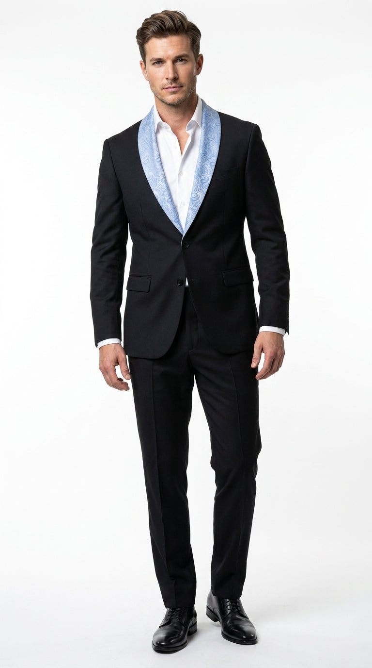 Men’s Black Suit with Light Blue Lapel – Modern Formal Tuxedo Style Suit for Wedding, Prom, Party and Sky Powder Blue Color