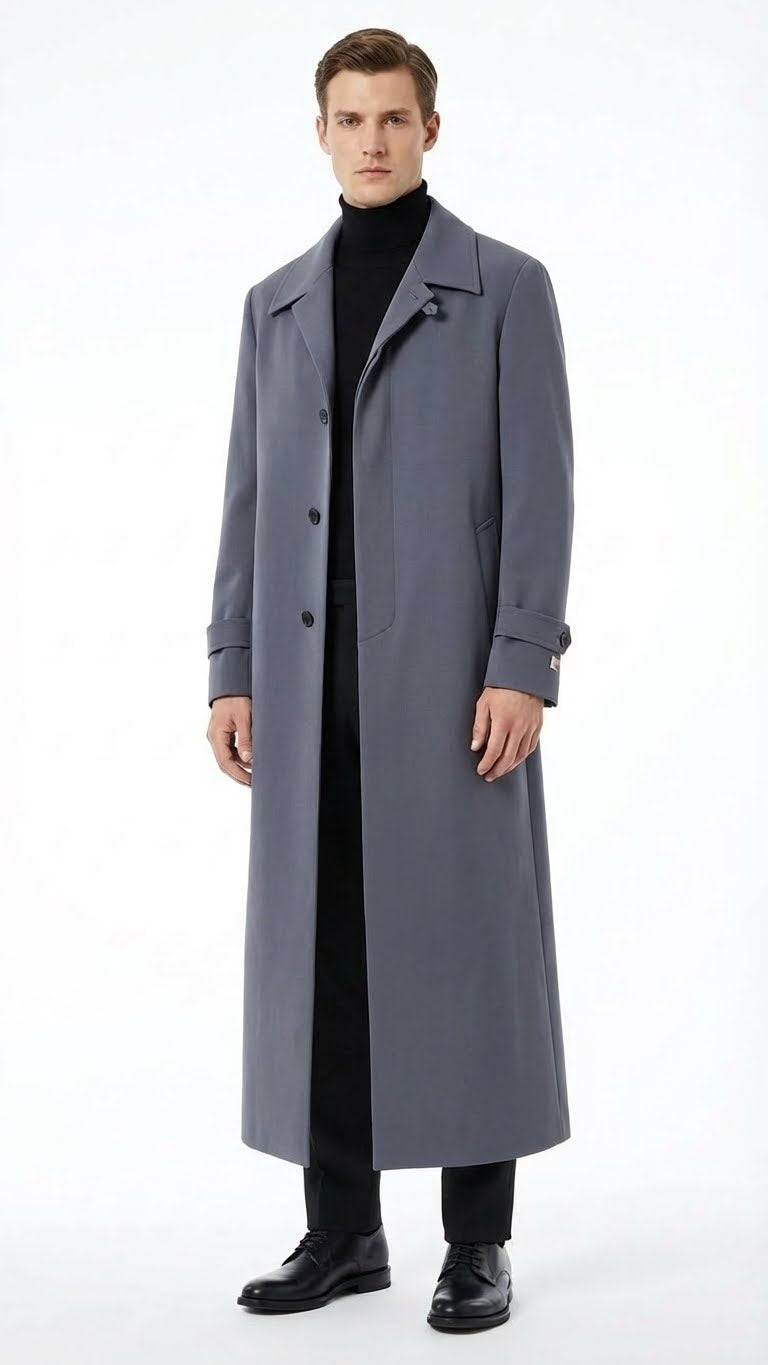Alberto Nardoni men's charcoal grey overcoat. Full-length, straight silhouette with notched collar and button closure. Smooth, uniform fabric. Features side pockets and rolled cuffs.
