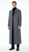 Alberto Nardoni men's charcoal grey overcoat. Full-length, straight silhouette with notched collar and button closure. Smooth, uniform fabric. Features side pockets and rolled cuffs.
